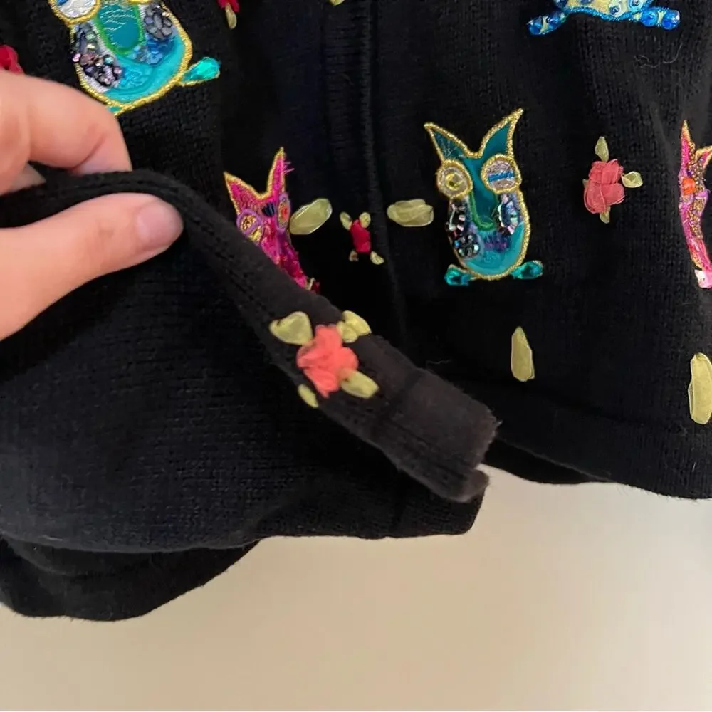 Jack B. Quick Y2k Beaded Owl Embroidered Abstract Knit Cardigan Sweater